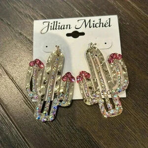 Gold Cactus fishhook earrings w/iridescent clear & pink stones